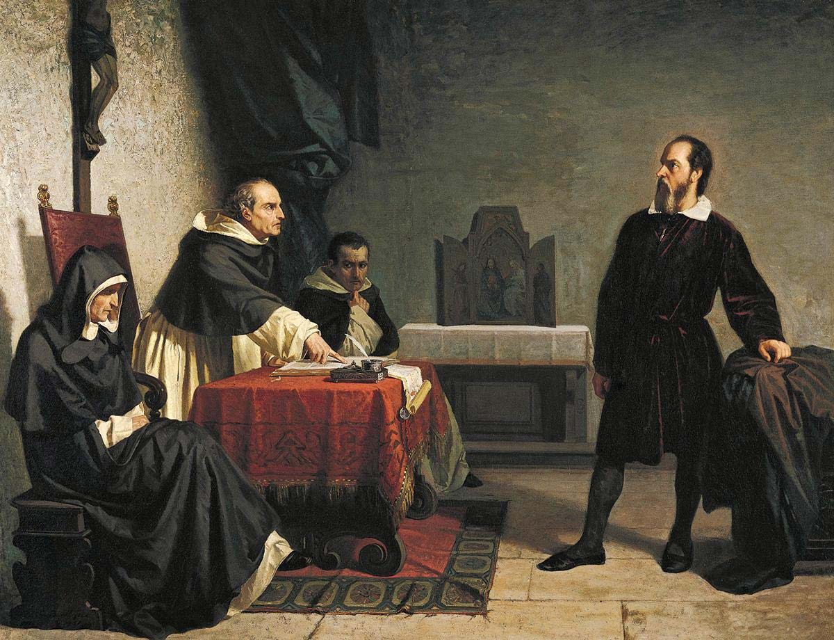 Cristiano Banti, Galileo Galilei davanti al tribunale dell’Inquisizione (1857; olio su tela, 110 x 140 cm; Carpi, Collezione Palazzo Foresti) Cristiano Banti, Galileo Galilei davanti al tribunale dell’Inquisizione (1857; olio su tela, 110 x 140 cm; Carpi, Collezione Palazzo Foresti)
