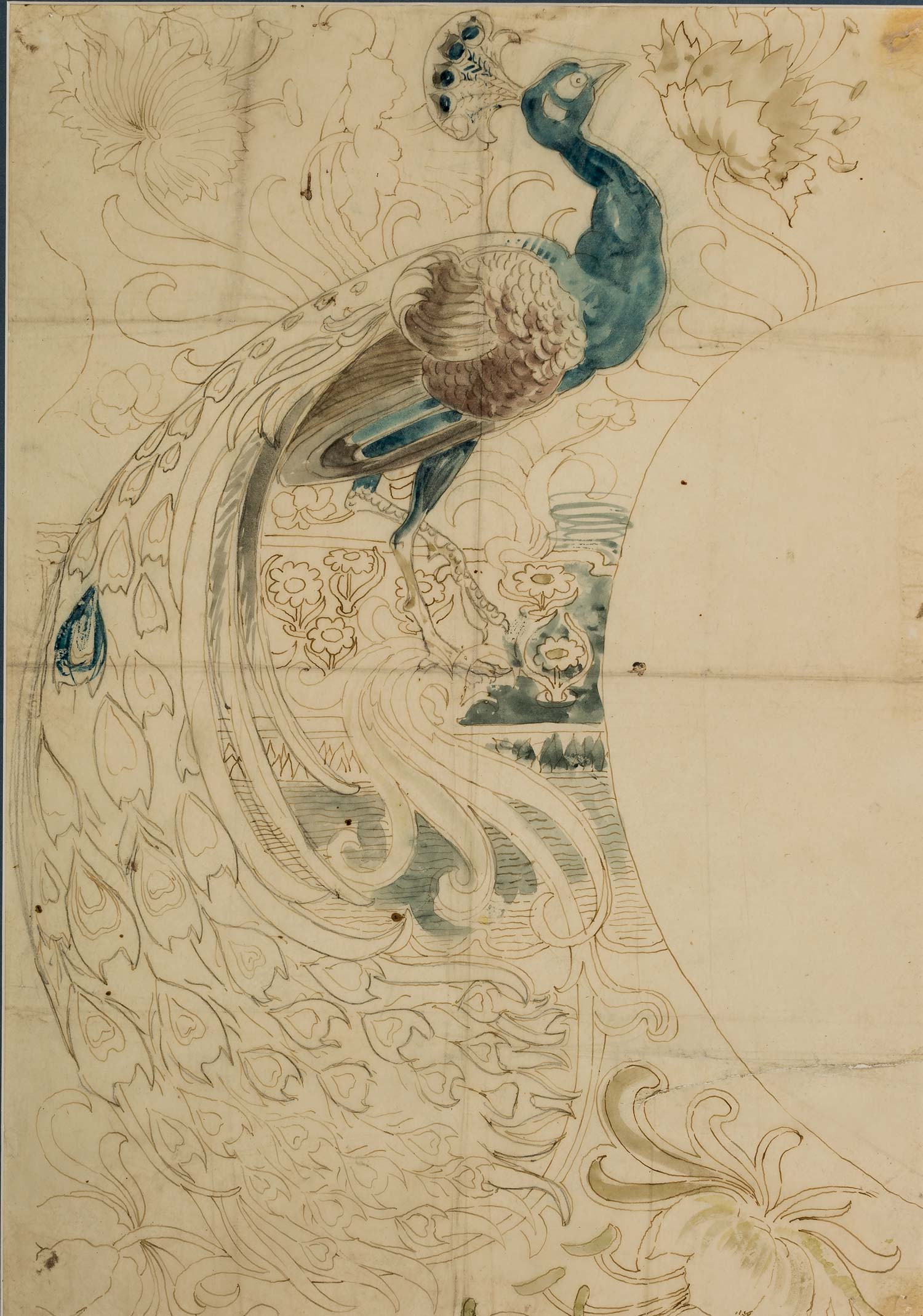 Galileo Chini, Zeichnung mit Pfau für große Platte (1899 - 1902, Bleistift, Tusche und Aquarell auf Papier, Pistoia, Privatsammlung) Galileo Chini, Zeichnung mit Pfau für große Platte (1899 - 1902, Bleistift, Tusche und Aquarell auf Papier, Pistoia, Privatsammlung)