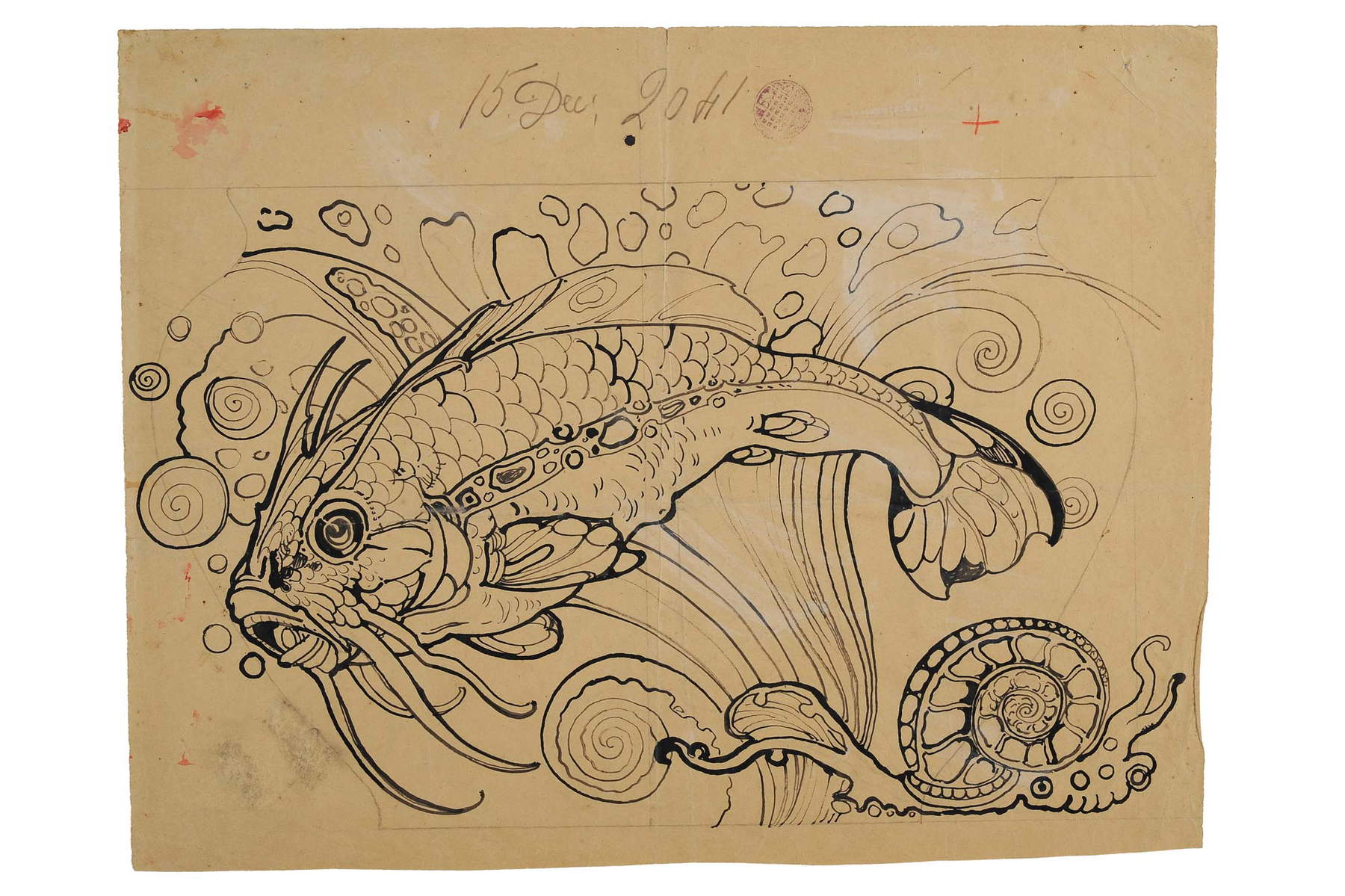 Galileo Chini, Studie für Dekoration mit Wels (ca. 1906 - 1912, Tinte auf Papier, Privatsammlung) Galileo Chini, Studie für Dekoration mit Wels (ca. 1906 - 1912, Tinte auf Papier, Privatsammlung)