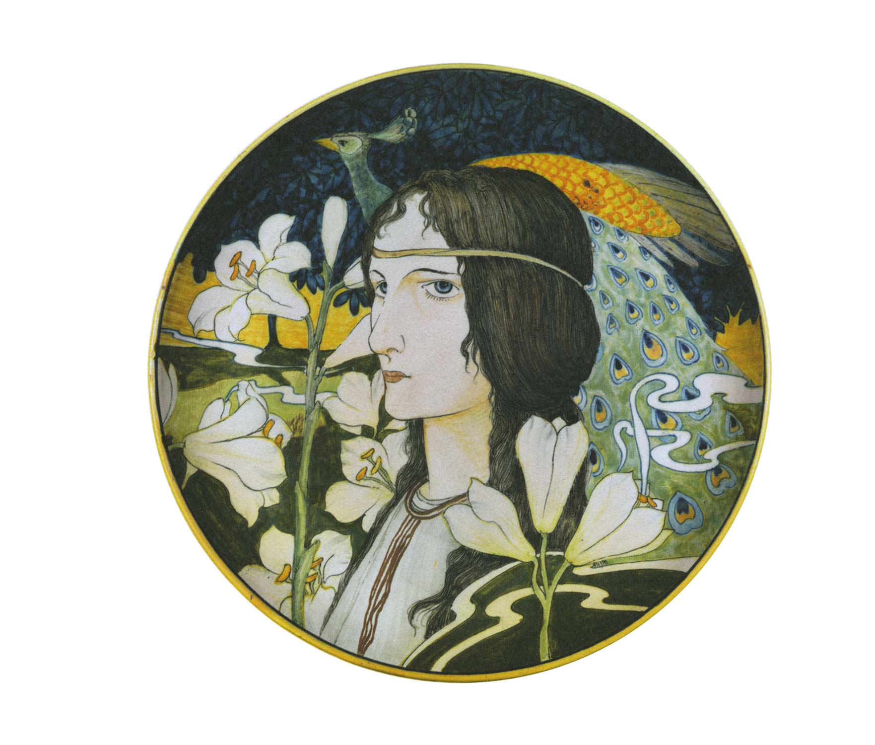 Galileo Chini, Ornamentaler Teller mit Frauenkopf und Pfau (1898 - 1902 , Arte della Ceramica, Privatsammlung) Galileo Chini, Ornamentaler Teller mit Frauenkopf und Pfau (1898 - 1902 , Arte della Ceramica, Privatsammlung)