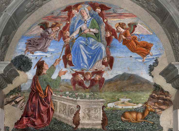 Domenico del Ghirlandaio et ses collaborateurs, Assomption de la Vierge et don de la ceinture à saint Thomas (vers 1468 ; fresque ; Florence, San Niccolò Oltrarno, Sacristie) Domenico del Ghirlandaio et ses collaborateurs, Assomption de la Vierge et don de la ceinture à saint Thomas (vers 1468 ; fresque ; Florence, San Niccolò Oltrarno, Sacristie)