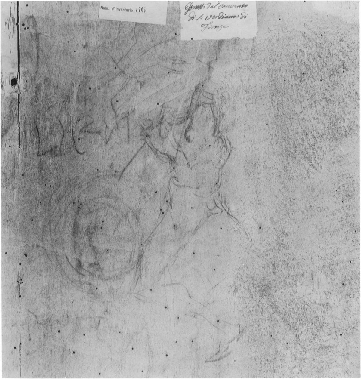 Andrea del Verrocchio et Leonardo da Vinci, Baptême du Christ, détail du dos du panneau Andrea del Verrocchio et Leonardo da Vinci, Baptême du Christ, détail du dos du panneau