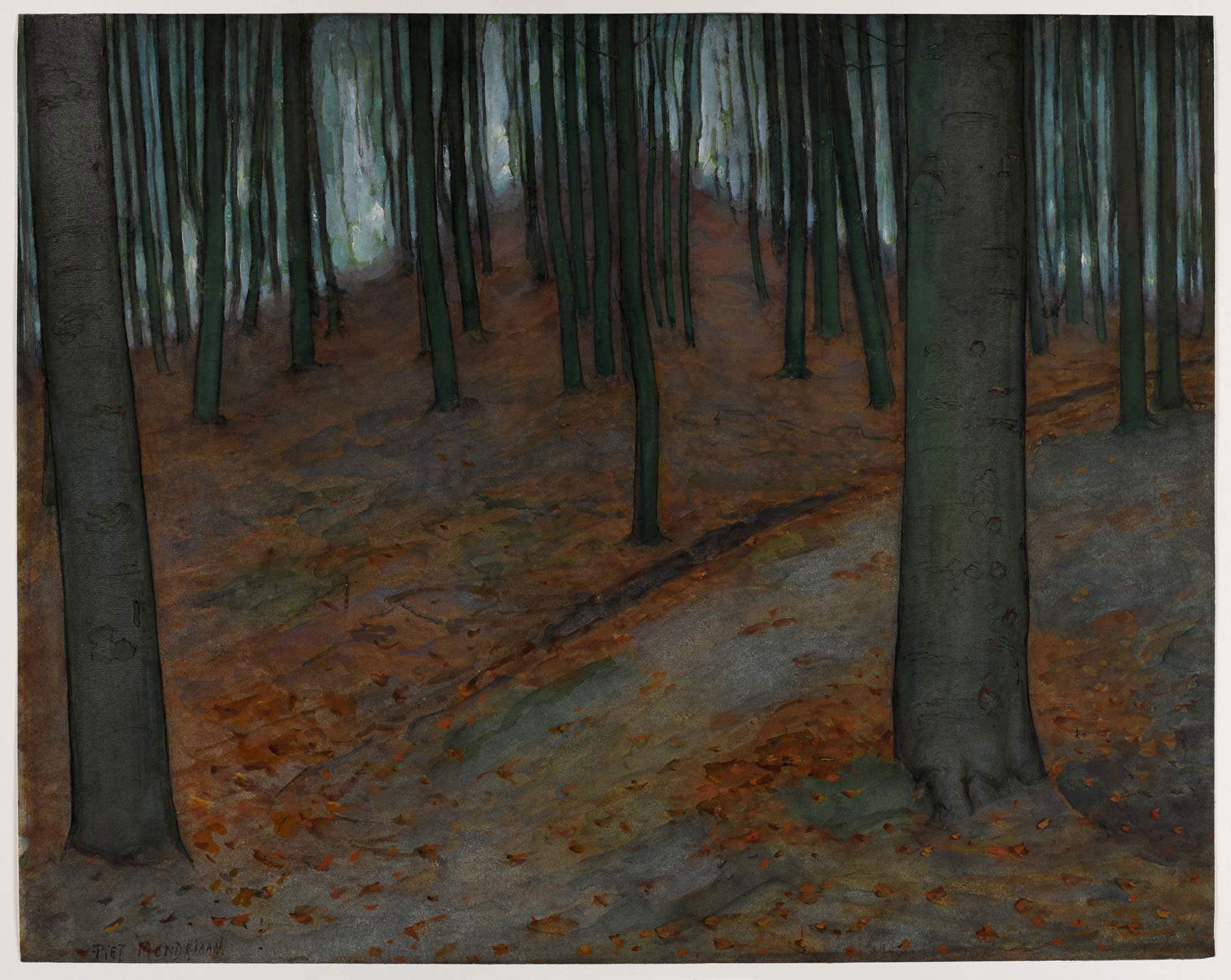 Piet Mondrian, Waldlandschaft (c. 1899; papel, 45,5 x 57 cm; La Haya, Kunstmuseum Den Haag) Piet Mondrian, Waldlandschaft (c. 1899; papel, 45,5 x 57 cm; La Haya, Kunstmuseum Den Haag)