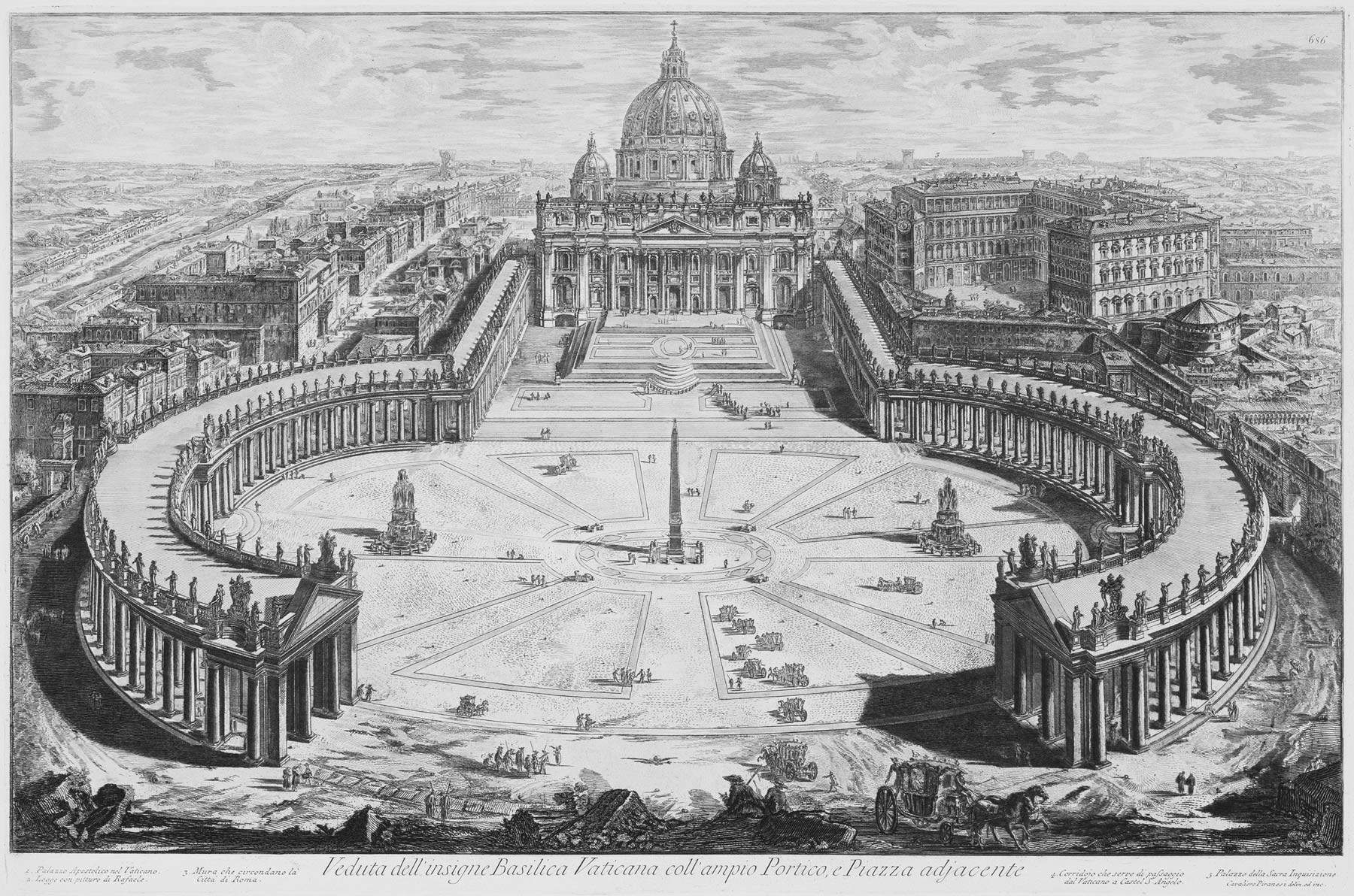 Giovanni Battista Piranesi, Veduta dell'insigne Basilica Vaticana coll'ampio Portico e Piazza adjaente (acquaforte su rame con interventi a bulino, foglio 630 x 897 mm, immagine 475 x 718 mm; Perugia, Galleria Nazionale dell'Umbria, inv. 1608r)