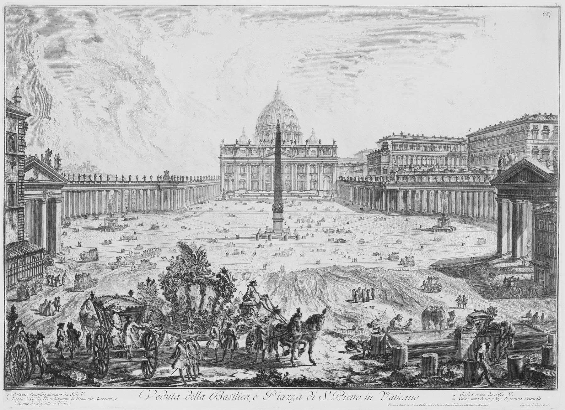 Giovanni Battista Piranesi, Veduta della Basilica e Piazza di S. Pietro in Vaticano (acquaforte su rame con interventi a bulino, foglio 630 x 897 mm, immagine 397 x 547 mm; Perugia, Galleria Nazionale dell'Umbria, inv. 1609r)