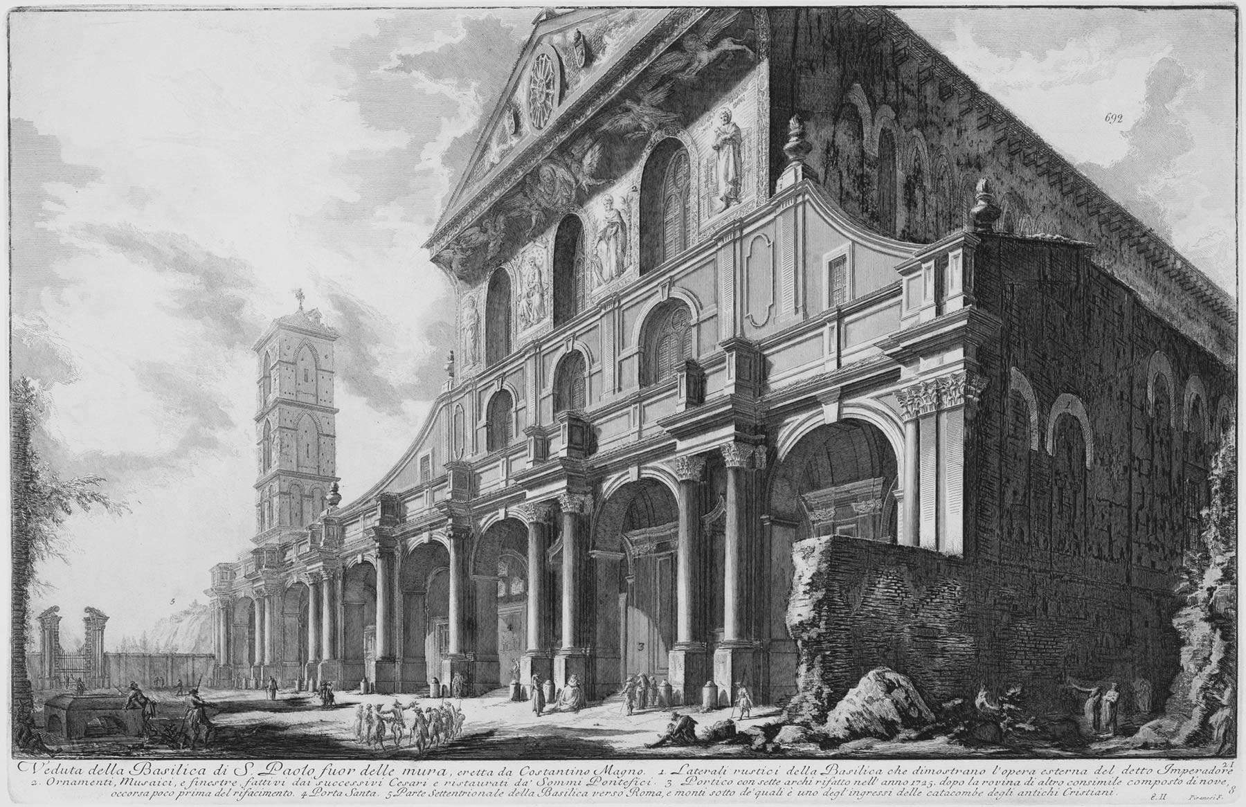 Giovanni Battista Piranesi, Veduta della Basilica di S. Paolo fuor delle mura (acquaforte su rame con interventi a bulino, foglio 630 x 897 mm, immagine 404 x 623 mm; Perugia, Galleria Nazionale dell'Umbria, inv. 1614r)