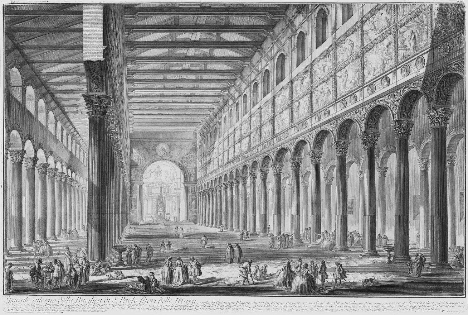 Giovanni Battista Piranesi, Spaccato interno della Basilica di S. Paolo fuori delle Mura (acquaforte su rame con interventi a bulino, foglio 630 x 897 mm, immagine 411 x 616 mm; Perugia, Galleria Nazionale dell'Umbria, inv. 1615r)