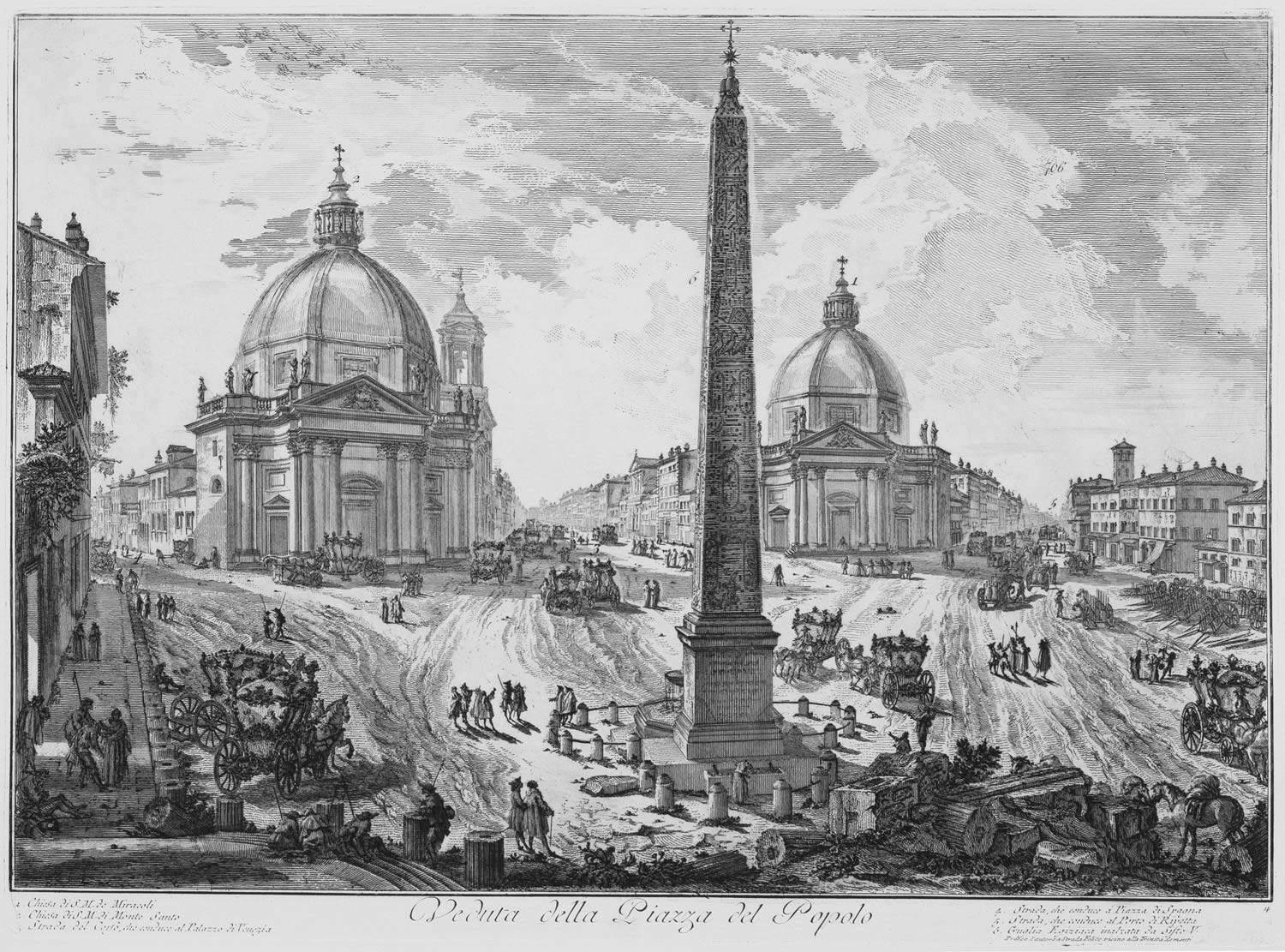 Giovanni Battista Piranesi, Veduta della Piazza del Popolo (acquaforte su rame con interventi a bulino, foglio 630 x 897 mm, immagine 403 x 551 mm; Perugia, Galleria Nazionale dell'Umbria, inv. 1628r)