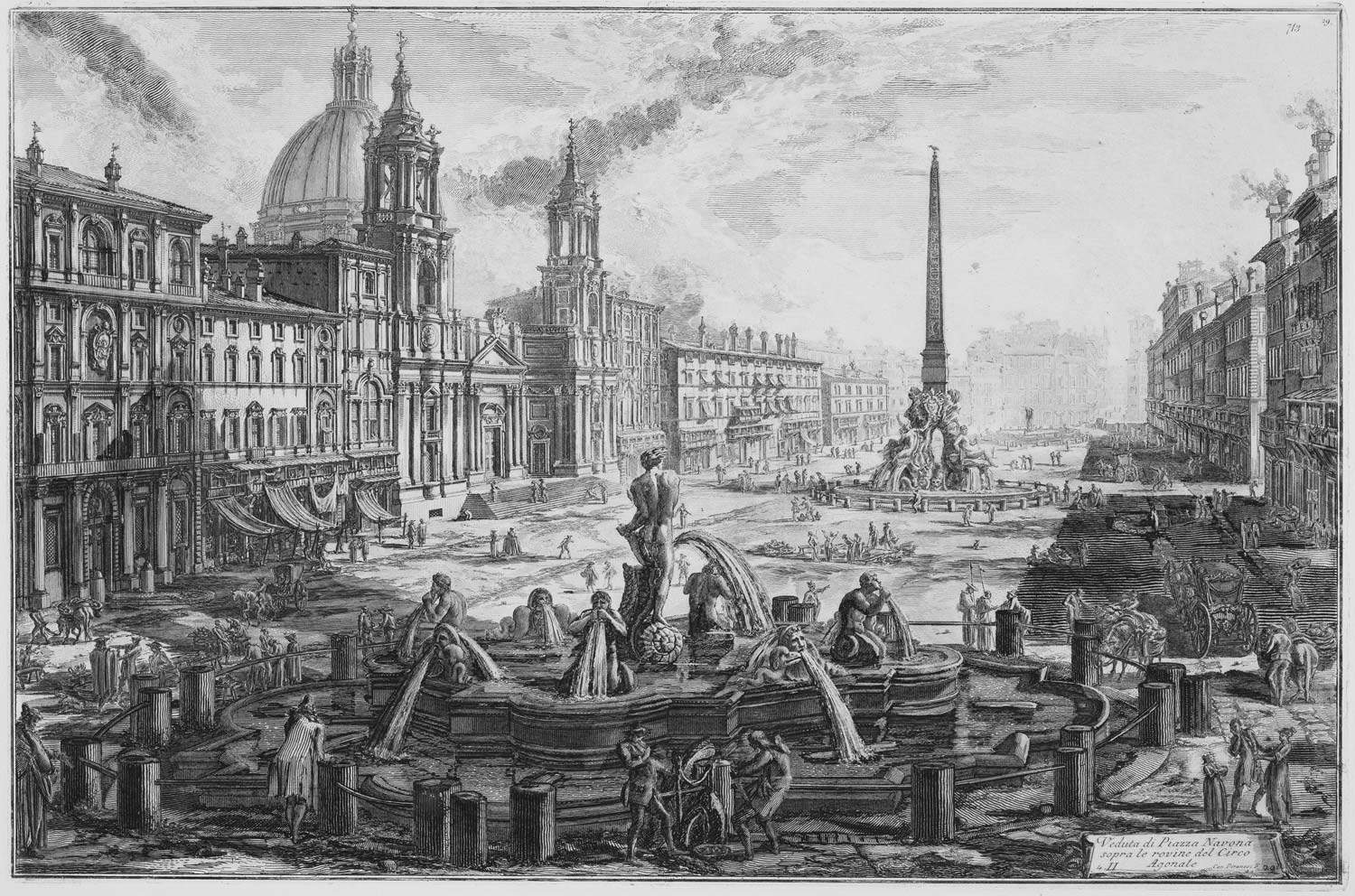 Giovanni Battista Piranesi, Veduta di Piazza Navona sopra le rovine del Circo Agonale II (acquaforte su rame con interventi a bulino, foglio 630 x 897 mm, immagine 467 x 714 mm; Perugia, Galleria Nazionale dell'Umbria, inv. 1635r)