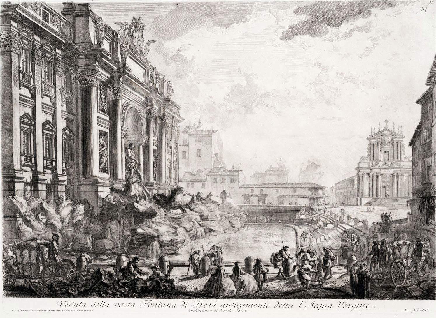 Giovanni Battista Piranesi, Veduta della Fontana di Trevi anticamente detta l'Acqua Vergine (acquaforte su rame con interventi a bulino, foglio 630 x 897 mm, immagine 397 x 553 mm; Perugia, Galleria Nazionale dell'Umbria, inv. 1639r)