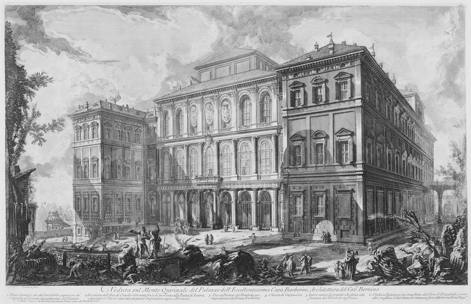 Giovanni Battista Piranesi, Veduta del Monte Quirinale del Palazzo dell'Eccellentissima Casa Barberini (acquaforte su rame con interventi a bulino, foglio 630 x 897 mm, immagine 401 x 621 mm; Perugia, Galleria Nazionale dell'Umbria, inv. 1648r)