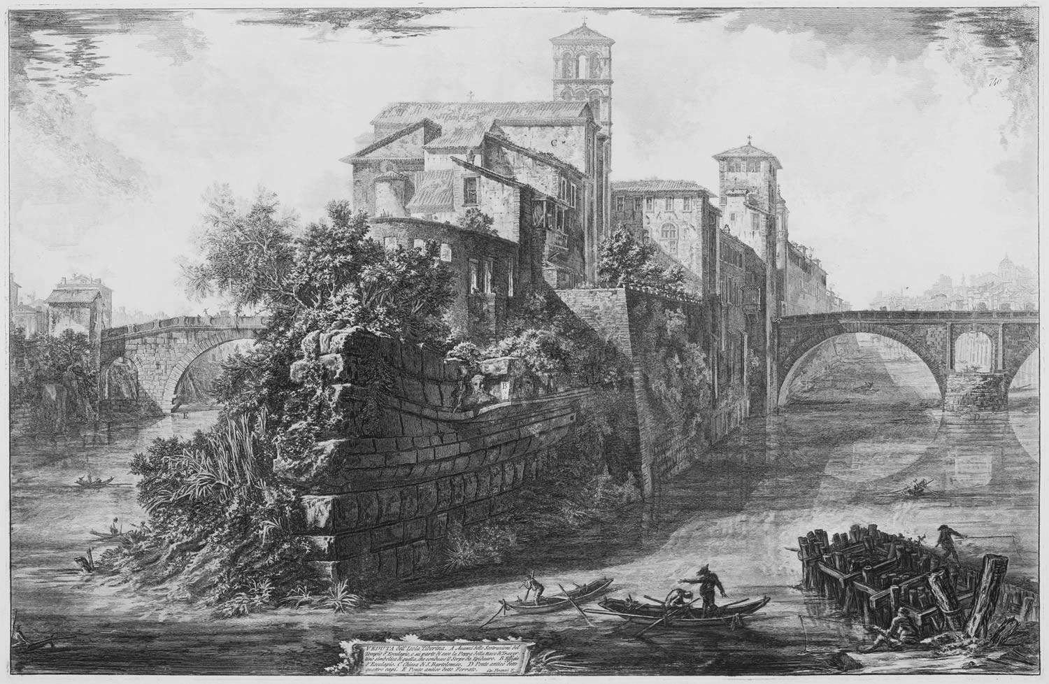 Giovanni Battista Piranesi, Veduta dell'Isola Tiberina (acquaforte su rame con interventi a bulino, foglio 630 x 897 mm, immagine 474 x 723 mm; Perugia, Galleria Nazionale dell'Umbria, inv. 1662r)