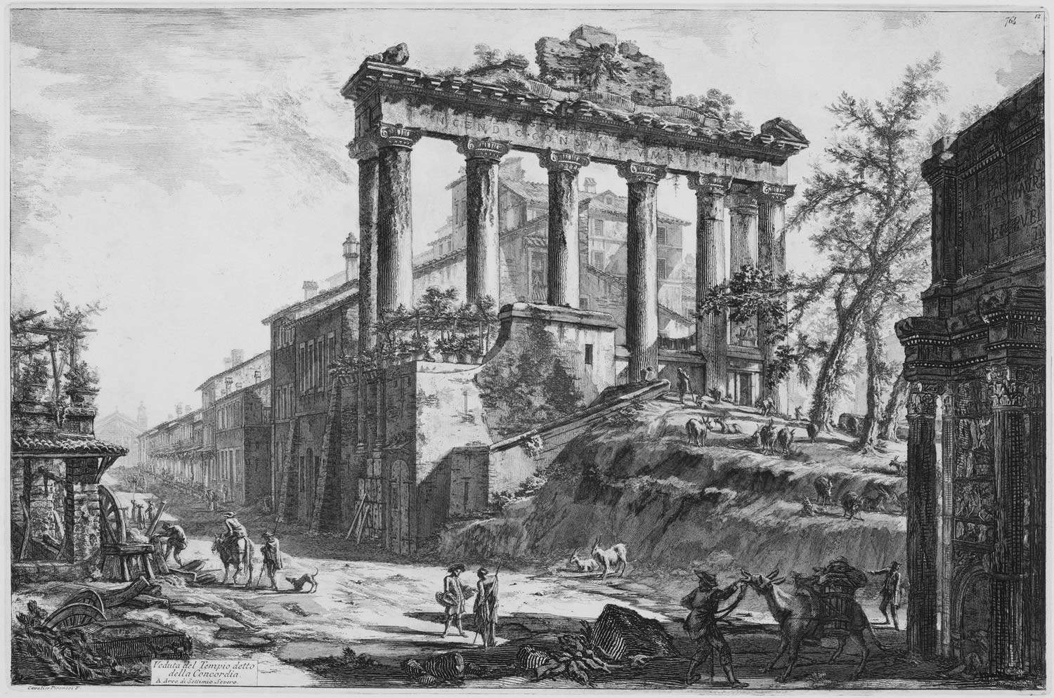 Giovanni Battista Piranesi, Veduta del Tempio detto della Concordia (acquaforte su rame con interventi a bulino, foglio 630 x 897 mm, immagine 400 x 604 mm; Perugia, Galleria Nazionale dell'Umbria, inv. 1686r)