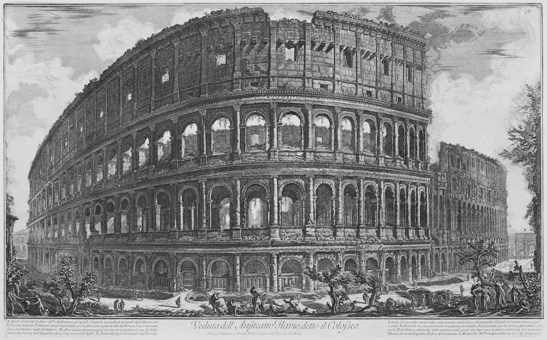 Giovanni Battista Piranesi, View of the Flavian Amphitheater, known as the Colosseum (etching on copper with burin interventions, sheet 630 x 897 mm, image 441 x 708 mm; Perugia, Galleria Nazionale dell'Umbria, inv. 1703r) Giovanni Battista Piranesi, View of the Flavian Amphitheater, known as the Colosseum (etching on copper with burin interventions, sheet 630 x 897 mm, image 441 x 708 mm; Perugia, Galleria Nazionale dell'Umbria, inv. 1703r)
