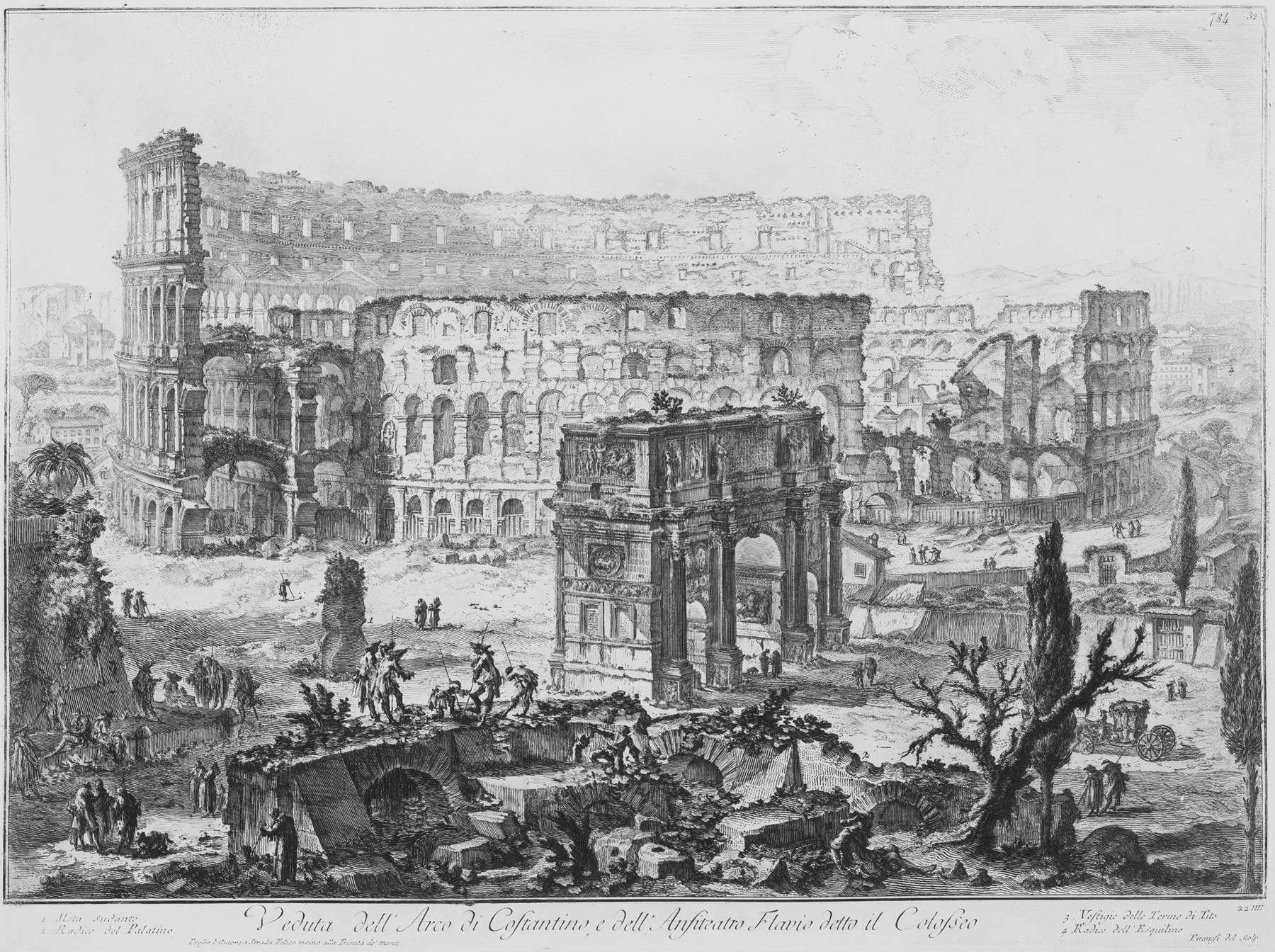 Giovanni Battista Piranesi, Veduta dell'Arco di Costantino e dell'Anfiteatro Flavio detto il Colosseo (acquaforte su rame con interventi a bulino, foglio 630 x 897 mm, immagine 407 x 551 mm; Perugia, Galleria Nazionale dell'Umbria, inv. 1706r)