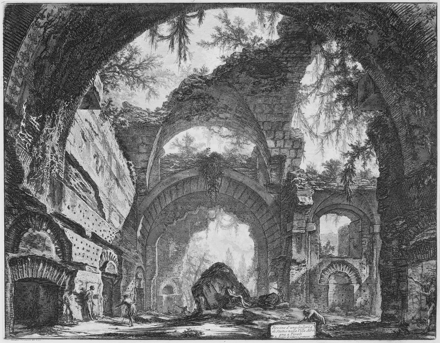 Giovanni Battista Piranesi, Rovina d'una Galleria di Statue nella Villa Adriana a Tivoli (acquaforte su rame con interventi a bulino, foglio 630 x 897 mm, immagine 457 x 591 mm; Perugia, Galleria Nazionale dell'Umbria, inv. 1742r)