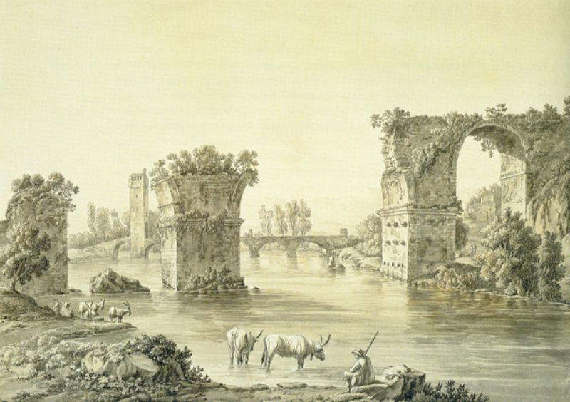 Jacob Philipp Hackert, El puente de Augusto (c. 1776; pluma, pincel y tinta marrón sobre papel, 391 x 512 mm; Viena, Akademie der Bildenden K&uuml;nste, Kupferstichkabinett)