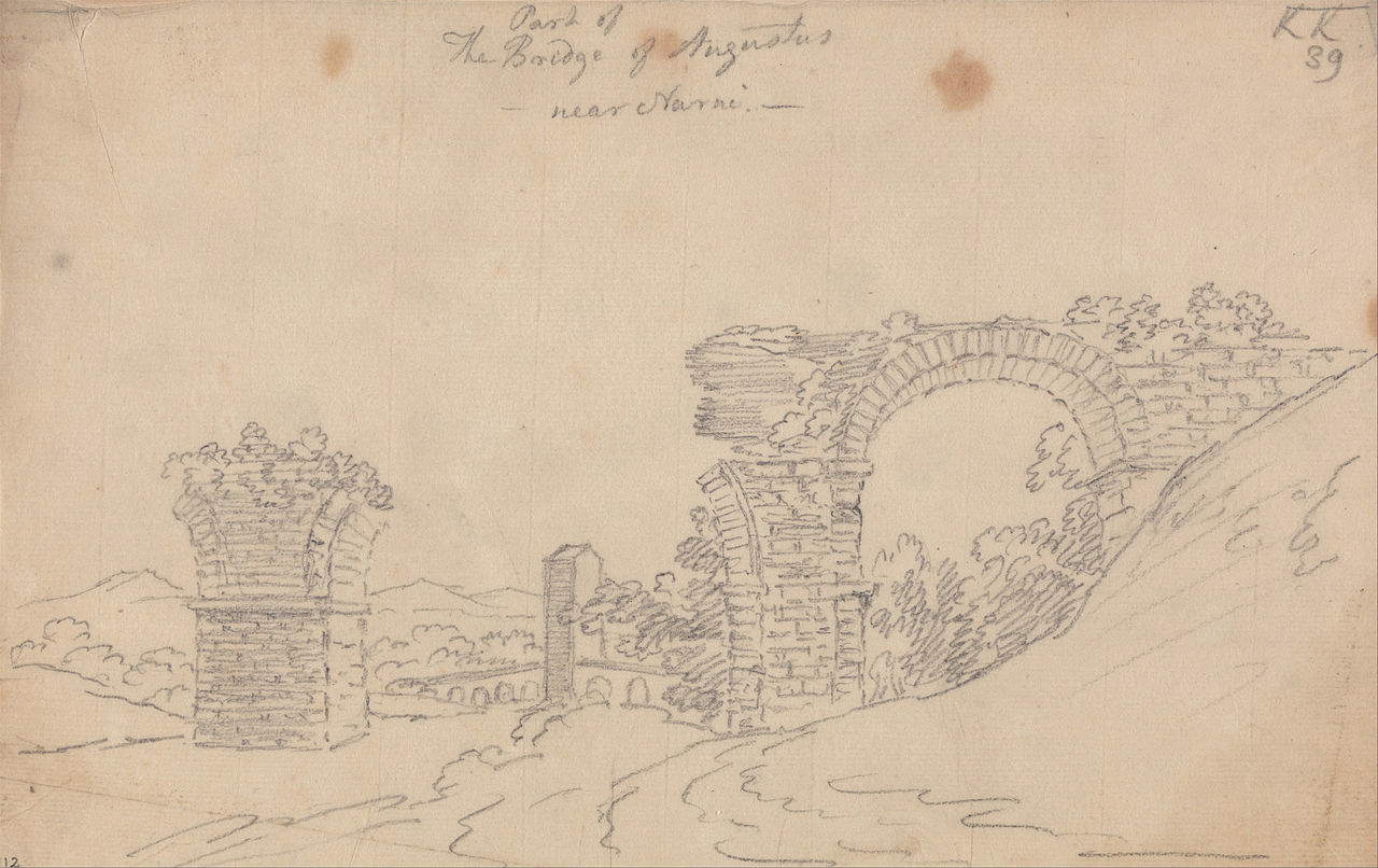 John Robert Cozens, El puente de Augusto en Narni (c. 1779; lápiz sobre papel, 143 x 229 mm; New Haven, Yale Center for British Art)