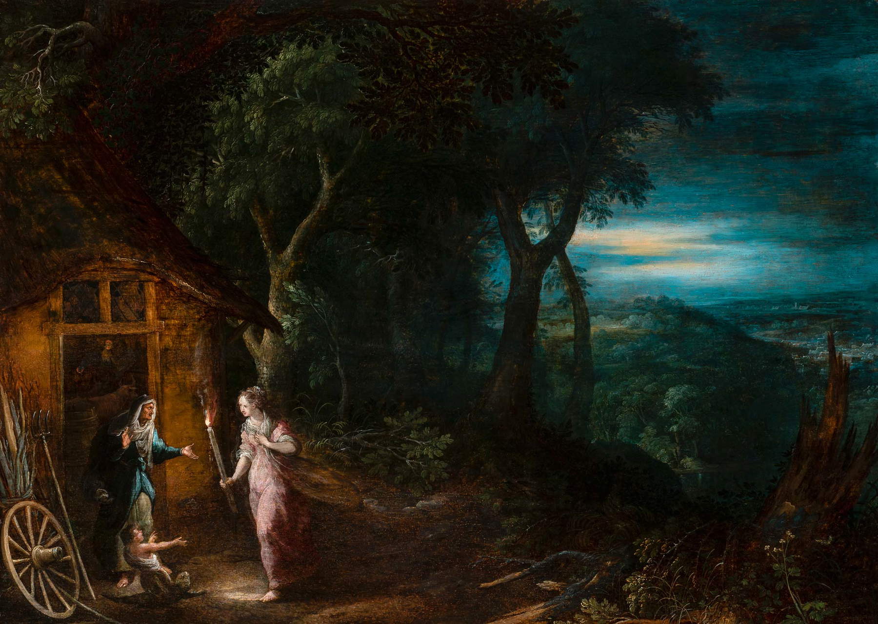 Jan Brueghel el Viejo y Frans Francken el Joven, Paisaje nocturno con la historia de Ceres (c. 1610; óleo sobre tabla, 50 x 65 cm)