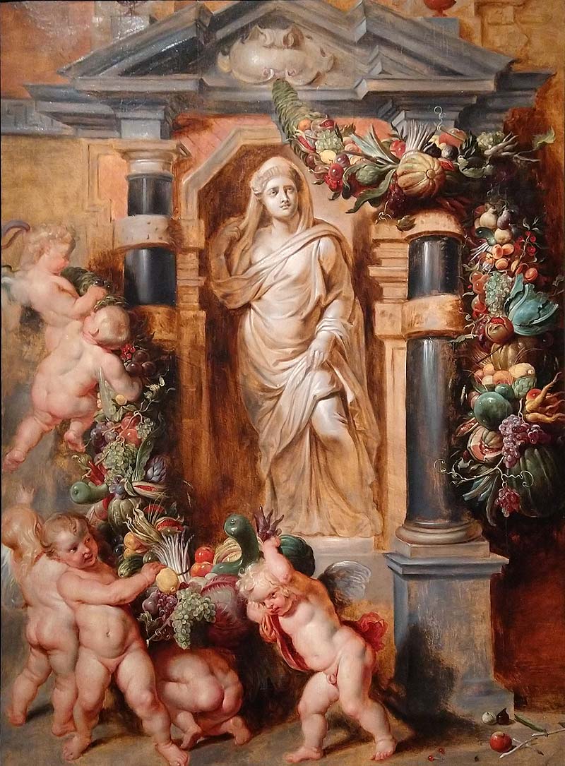 Pieter Paul Rubens und Frans Snyders, Hommage an Ceres (um 1612-1615; Öl auf Tafel, 91 x 66 cm; Schweiz, Privatsammlung) Pieter Paul Rubens und Frans Snyders, Hommage an Ceres (um 1612-1615; Öl auf Tafel, 91 x 66 cm; Schweiz, Privatsammlung)