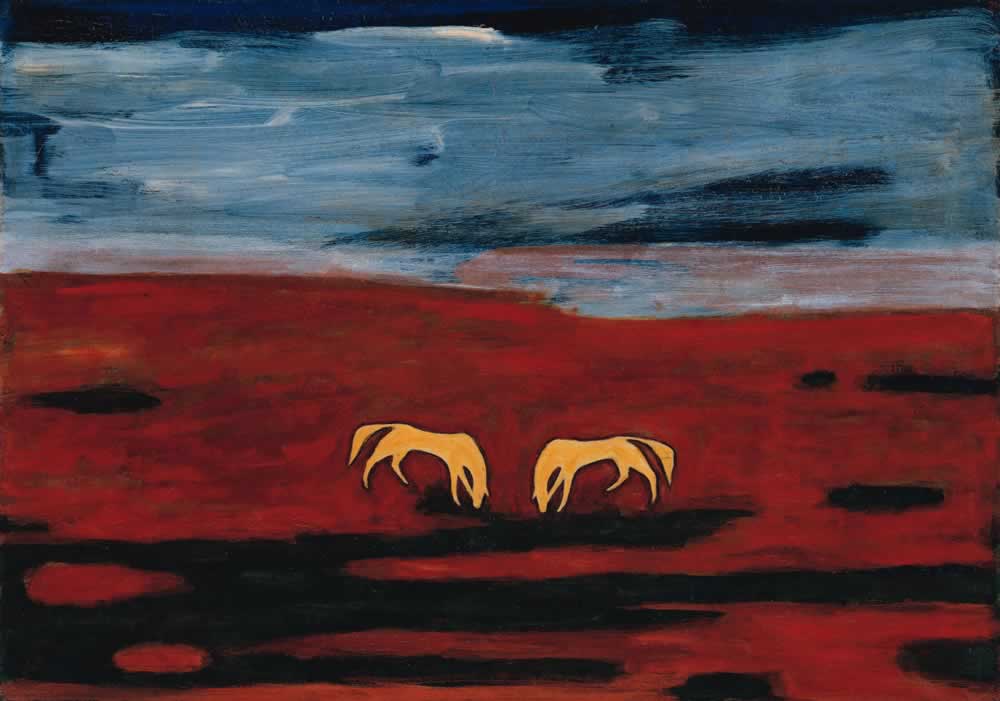 Sanyu, Deux chevaux dans un paysage rouge (s.d.; olio su cartone, 87 x 123 cm) Sanyu, Deux chevaux dans un paysage rouge (s.d.; olio su cartone, 87 x 123 cm)