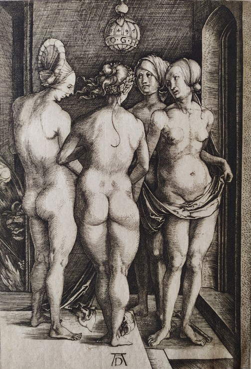 Alberto Durero, Las cuatro mujeres desnudas (1497; grabado al buril, 189 x 132 mm; Anghiari, Museo della Battaglia e di Anghiari) Alberto Durero, Las cuatro mujeres desnudas (1497; grabado al buril, 189 x 132 mm; Anghiari, Museo della Battaglia e di Anghiari)