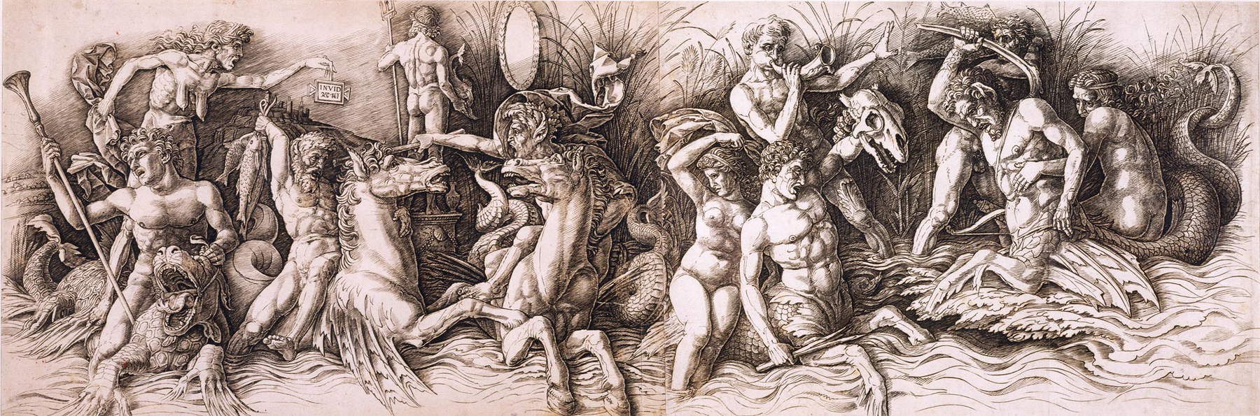 Andrea Mantegna, Lucha de los Tritones (fecha incierta; grabado a buril y punta seca, 283 x 826 mm; Chatsworth, Colecciones del Duque de Devonshire) Andrea Mantegna, Lucha de los Tritones (fecha incierta; grabado a buril y punta seca, 283 x 826 mm; Chatsworth, Colecciones del Duque de Devonshire)