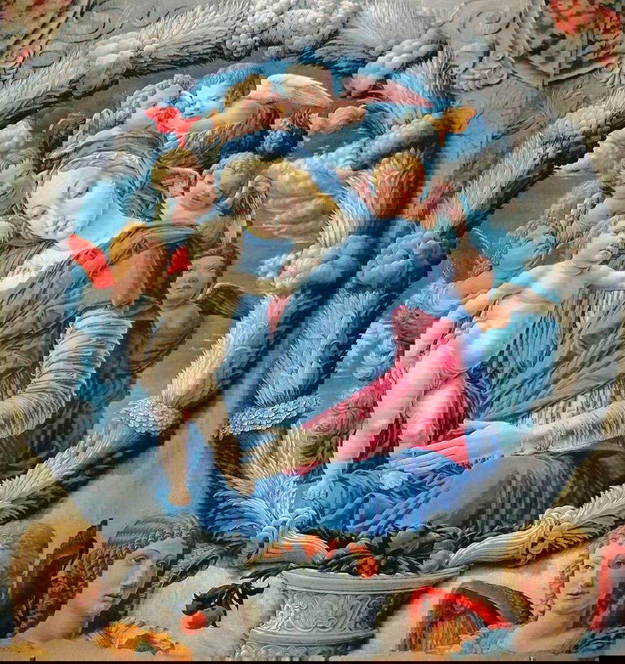 Bartolomeo Caporali, Madonna und Kind mit Engeln in einer Girlande (um 1470-1480; Tempera und Öl auf Tafel, 91 x 85 cm; Perugia, Galleria Nazionale dell'Umbria)