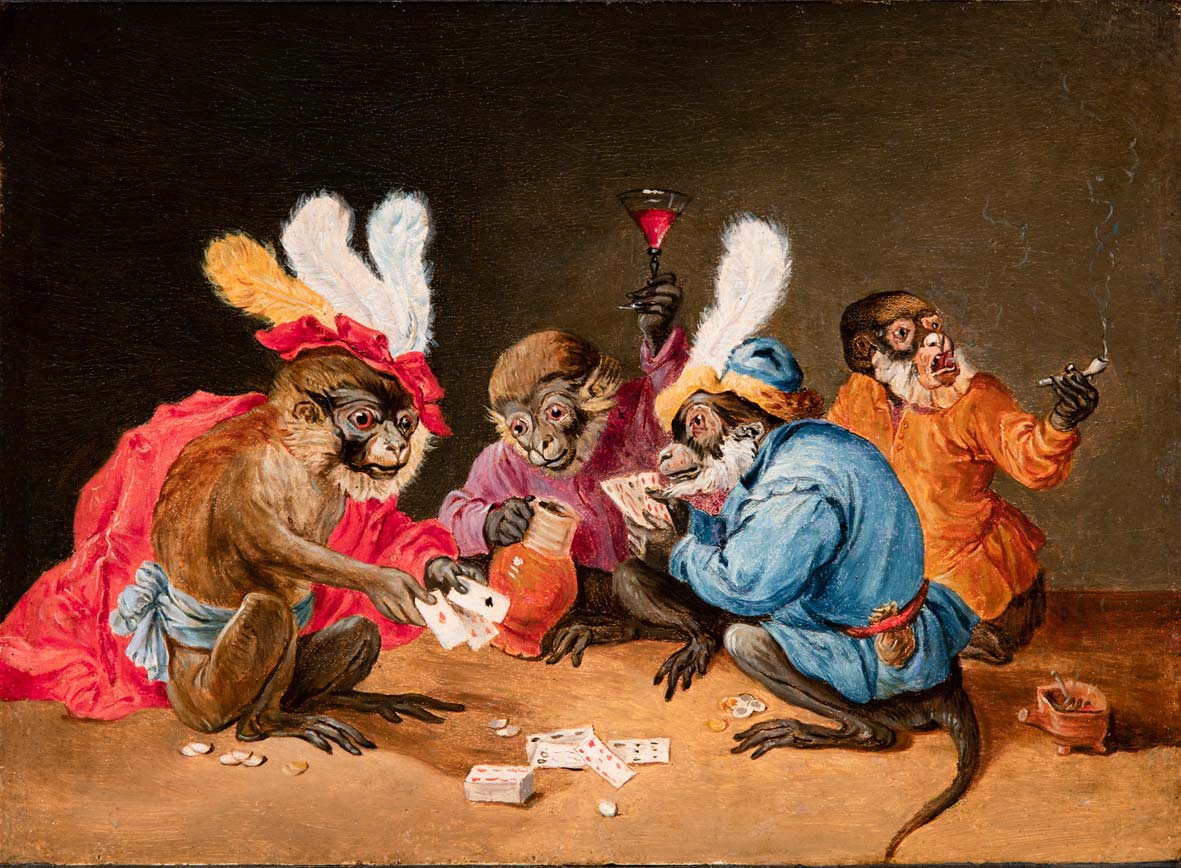 Abraham Teniers, Juegos de monos (c. 1650; óleo sobre tabla, 16 x 23 cm). Presentado por Caretto & Occhinegro Abraham Teniers, Juegos de monos (c. 1650; óleo sobre tabla, 16 x 23 cm). Presentado por Caretto & Occhinegro