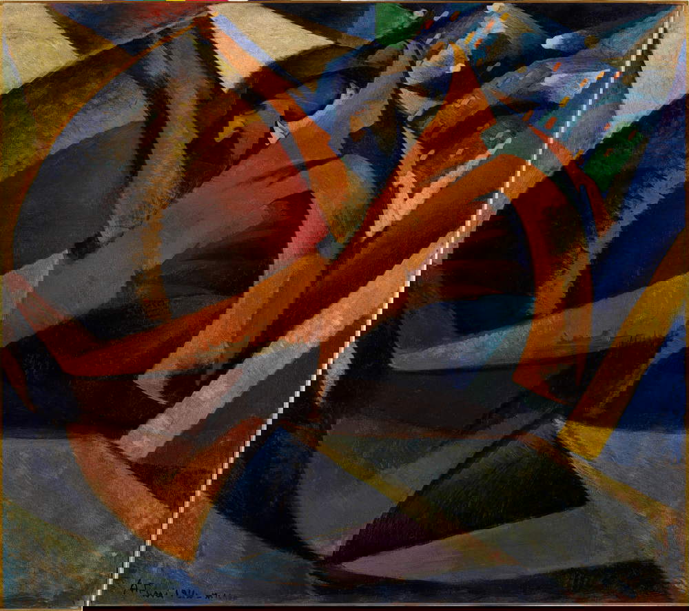 Achille Funi, Uomo che scende dal tram (1914; óleo sobre lienzo, 118 x 133 cm) © Ayuntamiento de Milán. Fotografía de Ranzani. Crédito Museo del Novecento, Milán