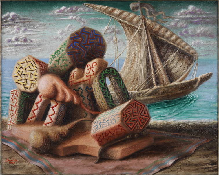 Alberto Savinio, Ulisse e Polifemo (1929; olio su tela, 65 x 81 cm; Rovereto, Mart - Museo di arte moderna e contemporanea di Trento e Rovereto) Alberto Savinio, Ulisse e Polifemo (1929; olio su tela, 65 x 81 cm; Rovereto, Mart - Museo di arte moderna e contemporanea di Trento e Rovereto)