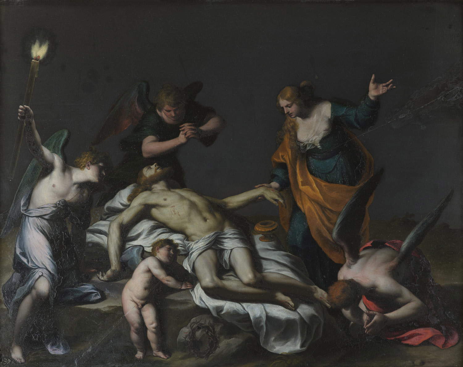 Alessandro Turchi, Cristo morto con Maddalena e angeli (olio su lavagna, 42 x 53 cm; Roma, Galleria Borghese) Alessandro Turchi, Cristo morto con Maddalena e angeli (olio su lavagna, 42 x 53 cm; Roma, Galleria Borghese)