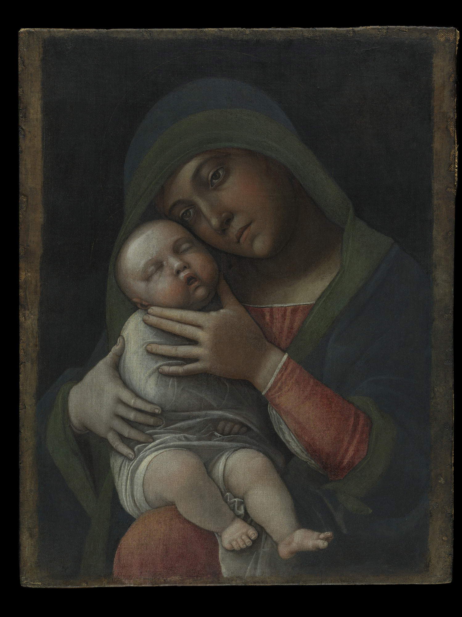 Andrea Mantegna, Madonna col Bambino (1490-1495 circa; tempera magra su tela 45,2 x 35,5 cm; Milano, Museo Poldi Pezzoli, inv. 1595) Andrea Mantegna, Madonna col Bambino (1490-1495 circa; tempera magra su tela 45,2 x 35,5 cm; Milano, Museo Poldi Pezzoli, inv. 1595)