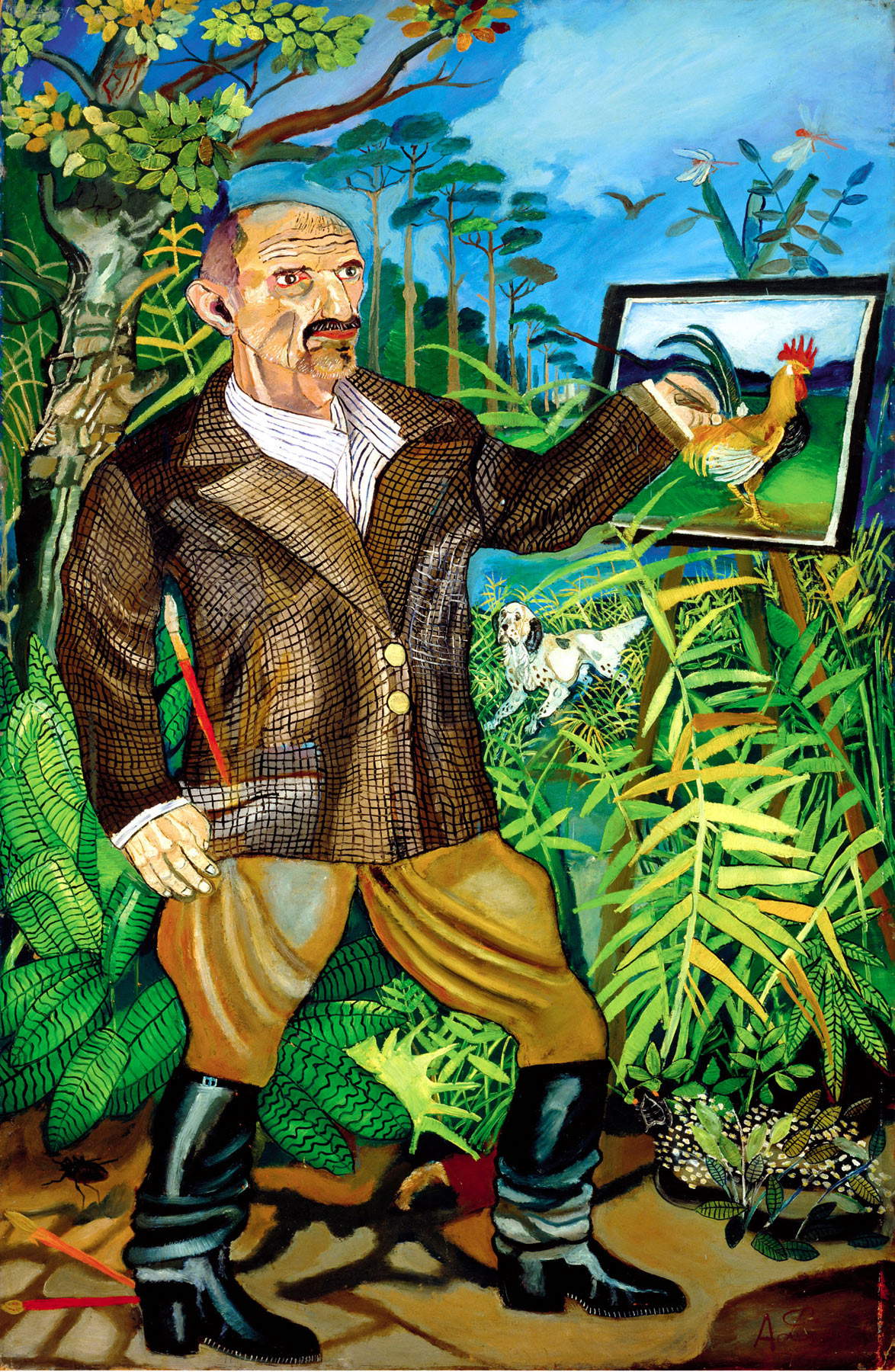Antonio Ligabue, Autoritratto con cavalletto (1954–1955; olio su tavola di faesite, 199 x 130 cm; Collezione BPER Banca) Antonio Ligabue, Autoritratto con cavalletto (1954–1955; olio su tavola di faesite, 199 x 130 cm; Collezione BPER Banca)