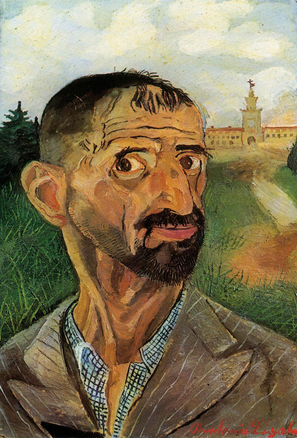 Antonio Ligabue, Autoritratto con torre (1948; Olio su faesite, 52 x 36 cm; Collezione privata) Antonio Ligabue, Autoritratto con torre (1948; Olio su faesite, 52 x 36 cm; Collezione privata)