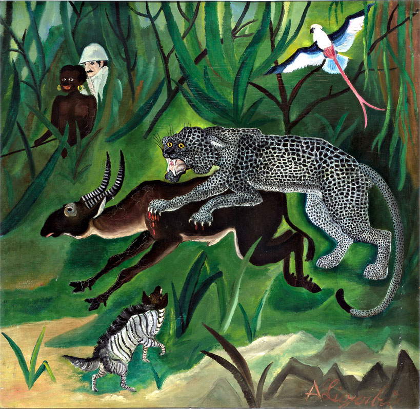 Antonio Ligabue, Caccia grossa (1929 ; huile sur panneau de contreplaqué, 66 x 64 cm ; Milan, collection privée) Antonio Ligabue, Caccia grossa (1929 ; huile sur panneau de contreplaqué, 66 x 64 cm ; Milan, collection privée)