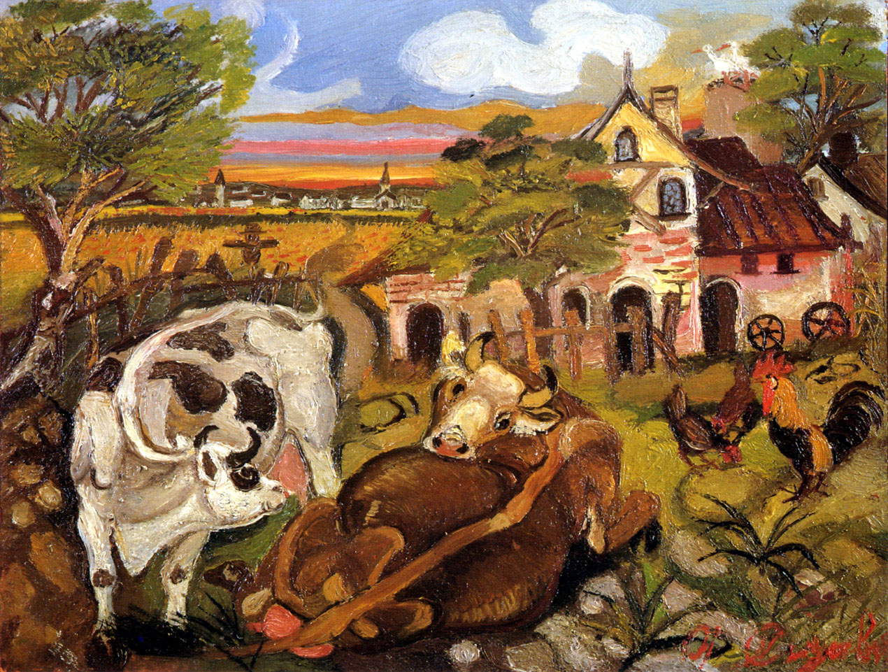 Antonio Ligabue, Ferme avec animaux (1943-1944 ; huile sur panneau de contreplaqué, 30 x 40 cm ; Reggio Emilia, collection privée) Antonio Ligabue, Ferme avec animaux (1943-1944 ; huile sur panneau de contreplaqué, 30 x 40 cm ; Reggio Emilia, collection privée)
