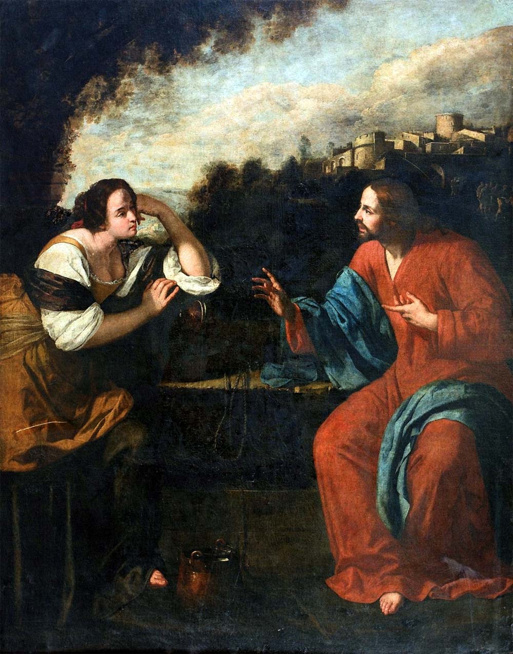 Artemisia Gentileschi, Cristo e la samaritana (1636-1637; olio su tela, 267,5 x 206 cm; Pisa, Palazzo Blu). Prima del restauro Artemisia Gentileschi, Cristo e la samaritana (1636-1637; olio su tela, 267,5 x 206 cm; Pisa, Palazzo Blu). Prima del restauro