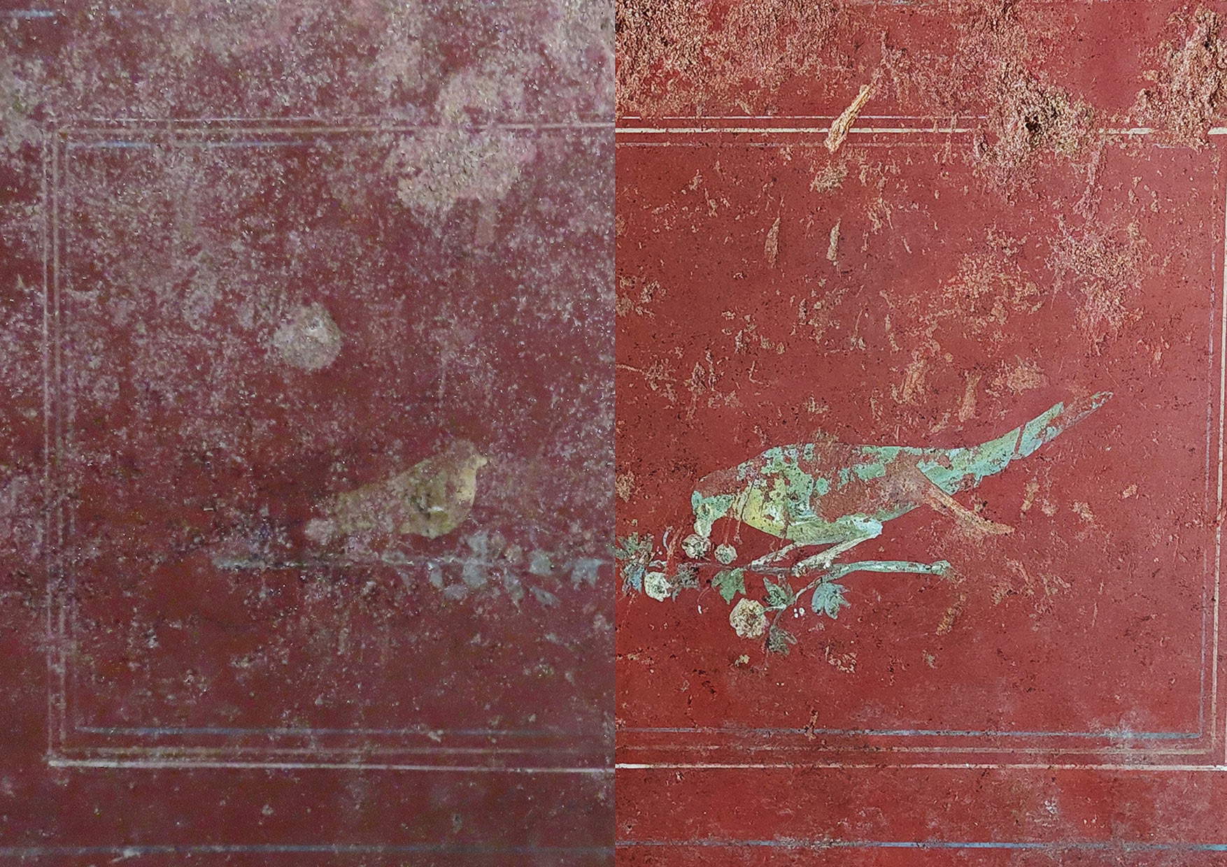 Detail der Dekoration des Vestibüls prima e dopo il restauro