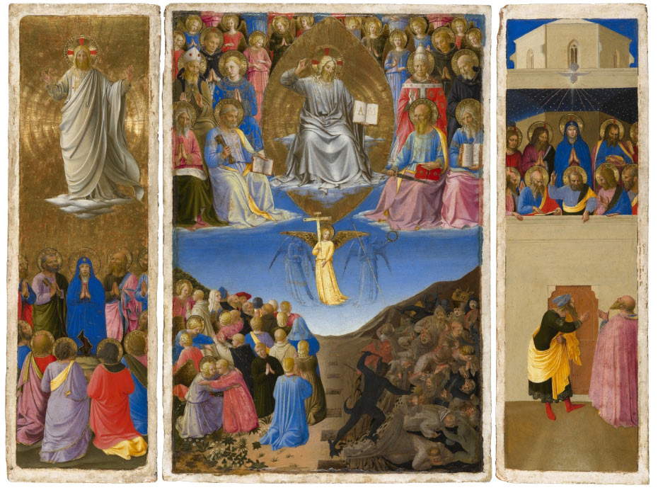 Fra Angelico, Triptyque avec l'Ascension, le Jugement dernier et la Pentecôte (1447-1448 ; tempera sur panneau, 55 x 18 cm, 55 x 38,5 cm, 55 x 18 cm ; National Gallery of Ancient Art, Corsini Gallery)