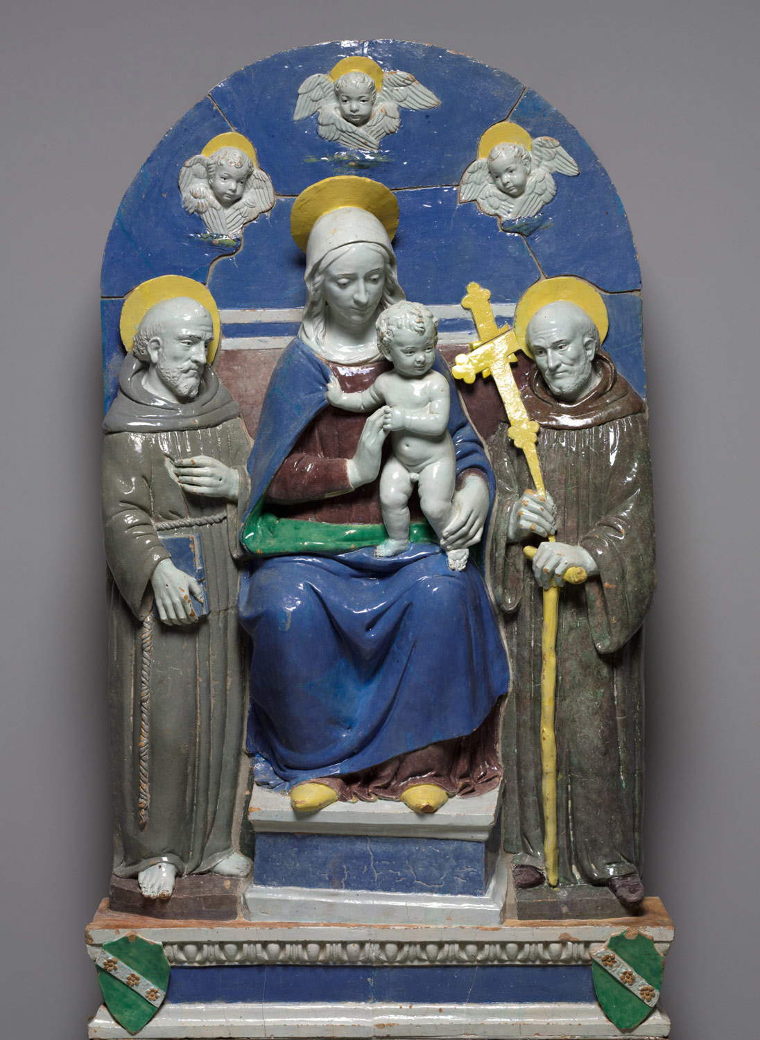 Benedetto Buglioni, Madonna and Child with Saints Francis and John Gualbert (c. 1510-1520; glazed and glazed polychrome terracotta, 174 x 96 x 27 cm; Cleveland, Cleveland Museum of Art)