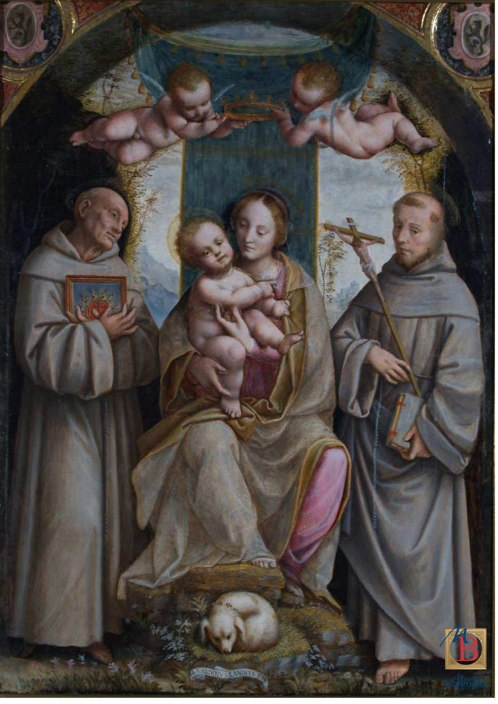 Bernardino Lanino, Vierge à l'enfant avec les saints Bernardino et François (Vierge au chien) (1563 ; 148 x 109 cm ; Vercelli, Museo Borgogna) Bernardino Lanino, Vierge à l'enfant avec les saints Bernardino et François (Vierge au chien) (1563 ; 148 x 109 cm ; Vercelli, Museo Borgogna)