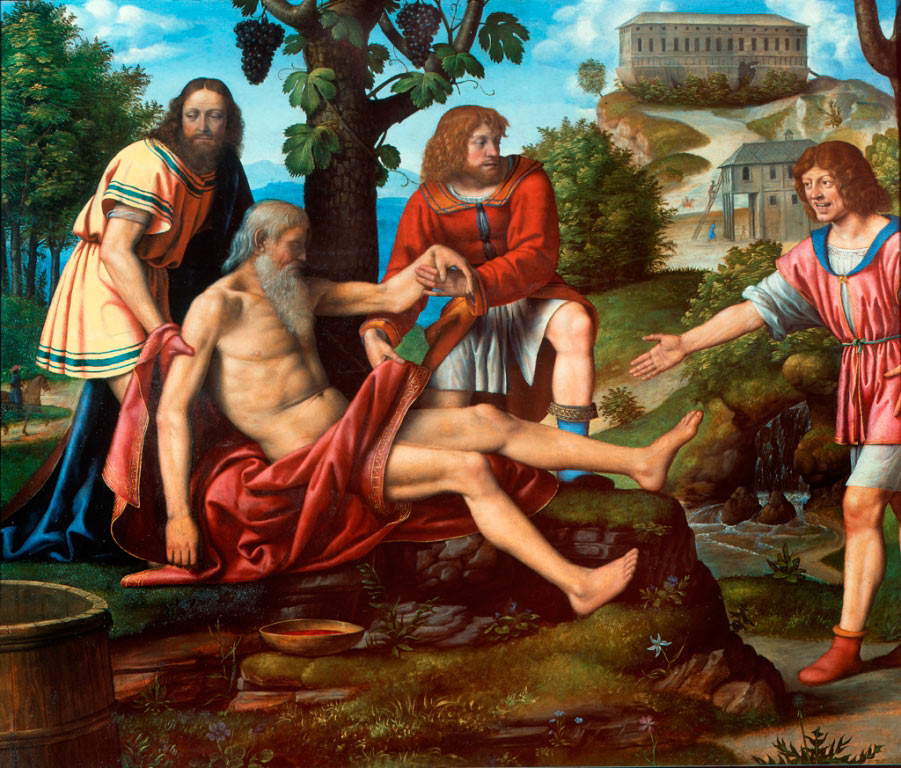 Bernardino Luini, Die Verspottung von Cam (1510-1515; Öl auf Tafel, auf Leinwand übertragen, 116 x 140 cm; Mailand, Pinacoteca di Brera). &copy; Pinacoteca di Brera, Mailand