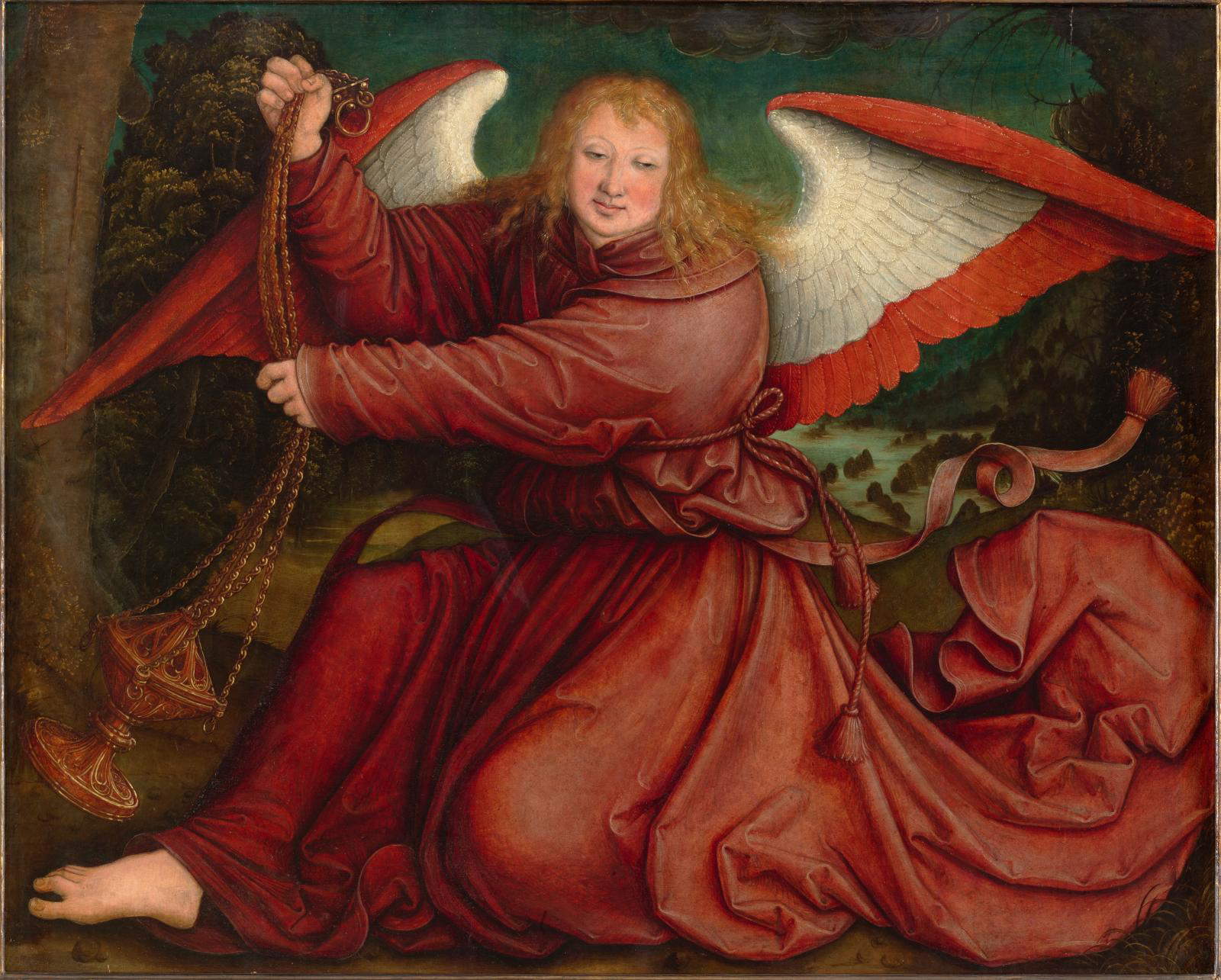 Bernhard Strigel, Ángel con incensario y túnica púrpura (1520; panel, 48 x 60 cm; Abu Dhabi, Louvre Abu Dhabi)