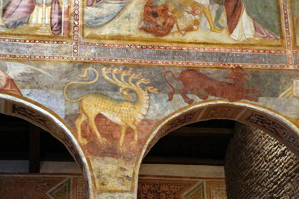 Bologneser Schule, Tier mit sieben Köpfen (um 1350; Fresko; Pomposa, Abtei Pomposa) Bologneser Schule, Tier mit sieben Köpfen (um 1350; Fresko; Pomposa, Abtei Pomposa)