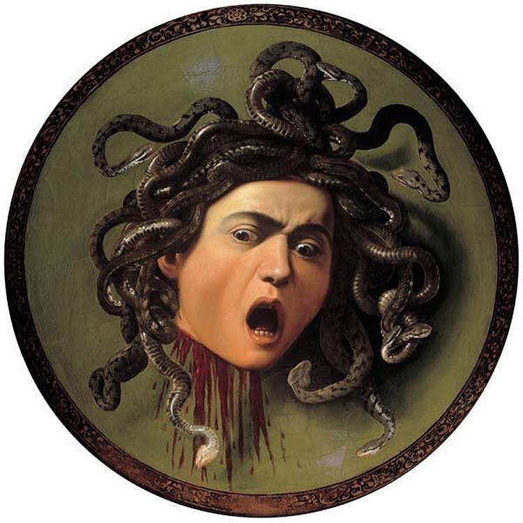 Caravaggio, Kopf der Medusa (um 1598; Öl auf Leinwand auf Parade-Schild, 60 x 55 cm; Florenz, Uffizien-Galerien) Caravaggio, Kopf der Medusa (um 1598; Öl auf Leinwand auf Parade-Schild, 60 x 55 cm; Florenz, Uffizien-Galerien)