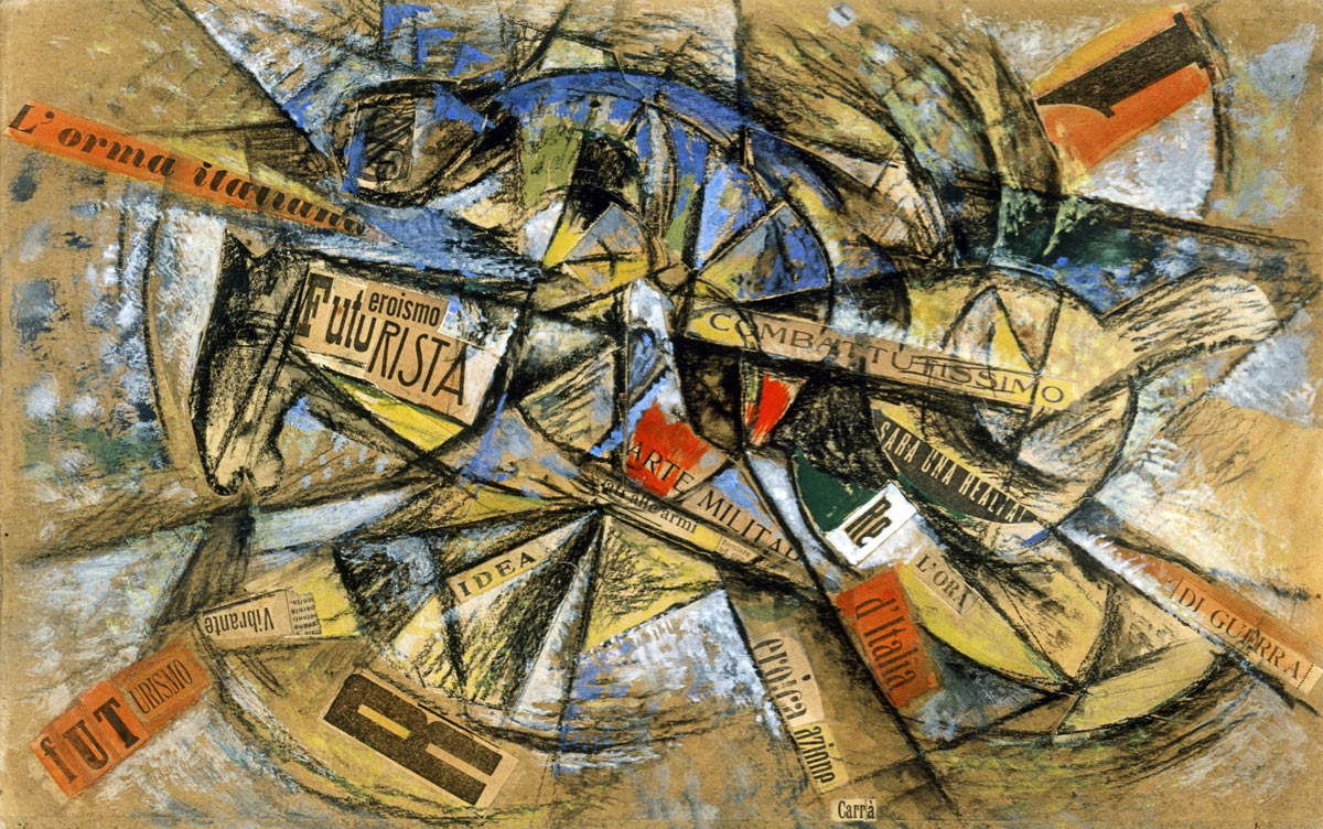 Carlo Carrà, Cavallo e cavaliere (1915; collage e tempera su cartone, 31 x 48 cm; Roma, M. Carpi courtesy Futur-ism a.c.). © CARLO CARRA', by SIAE 2022 Carlo Carrà, Cavallo e cavaliere (1915; collage e tempera su cartone, 31 x 48 cm; Roma, M. Carpi courtesy Futur-ism a.c.). © CARLO CARRA', by SIAE 2022