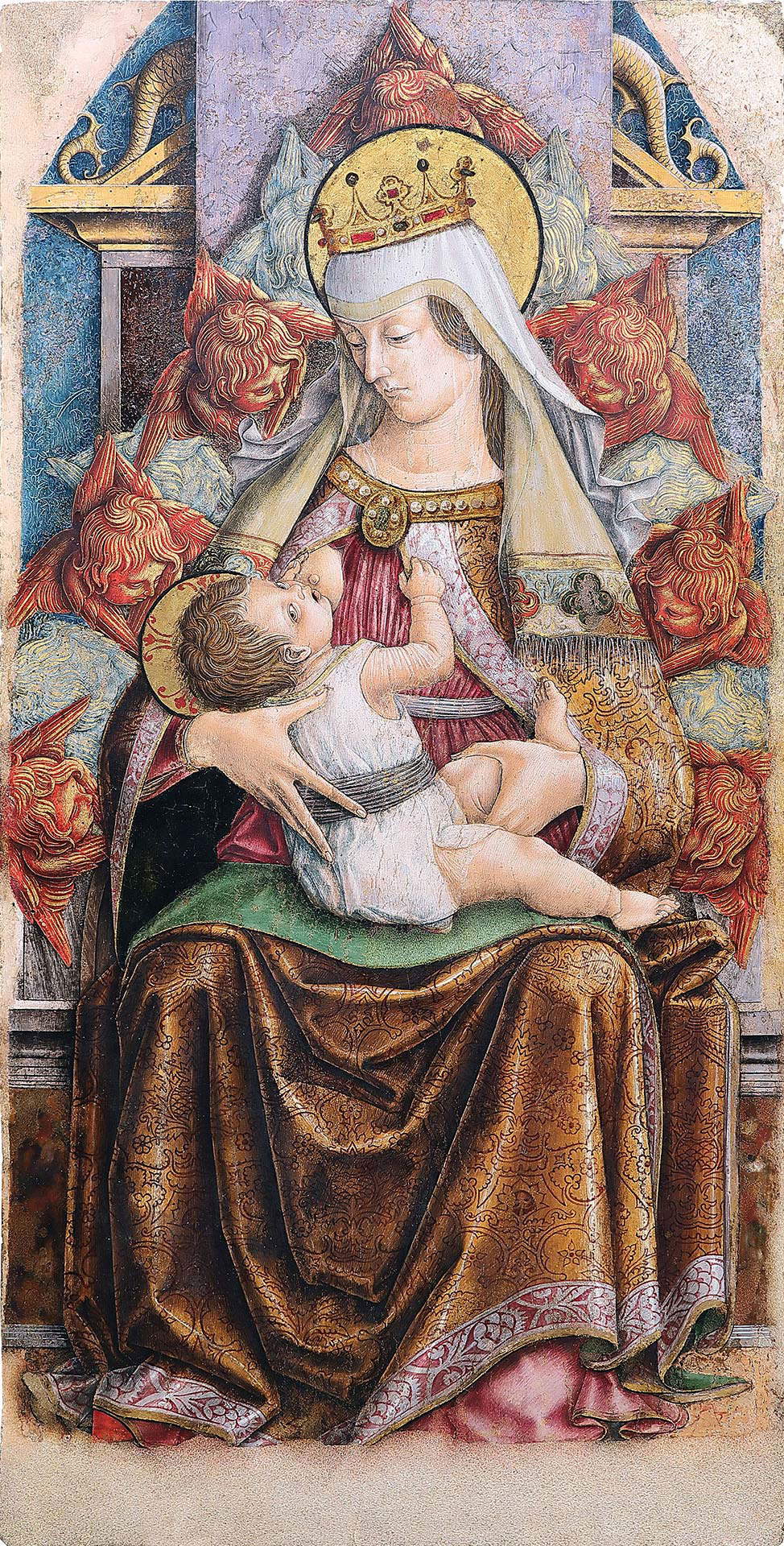 Carlo Crivelli, Madone au lait (vers 1474-1476 ; tempera sur panneau, 127 x 84 cm ; Corridonia, Pinacoteca Parrocchiale) Carlo Crivelli, Madone au lait (vers 1474-1476 ; tempera sur panneau, 127 x 84 cm ; Corridonia, Pinacoteca Parrocchiale)