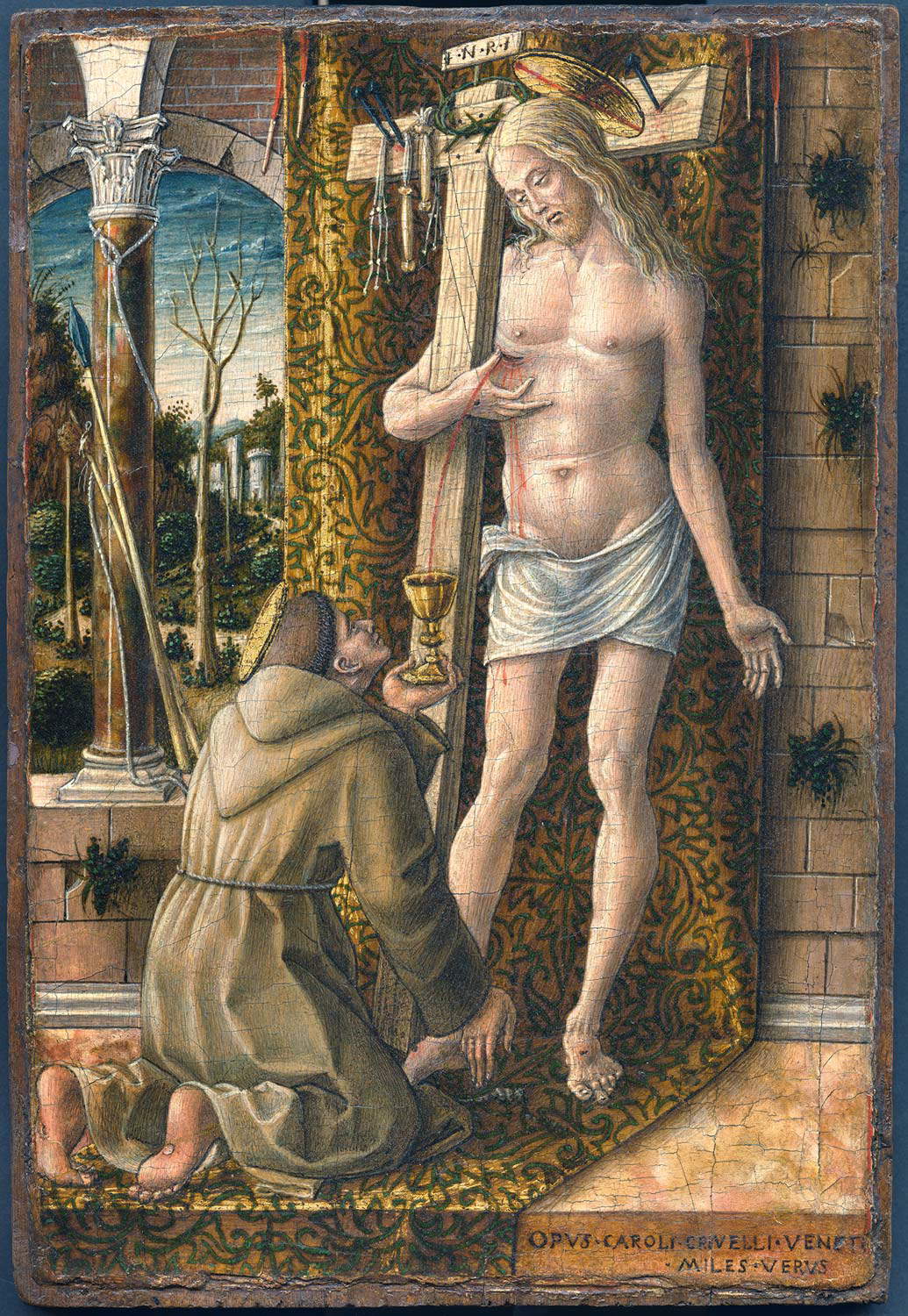 Carlo Crivelli, Saint François recueillant le sang du Christ (tempera sur panneau, 19,6 x 13,5 cm ; Milan, Museo Poldi Pezzoli) Carlo Crivelli, Saint François recueillant le sang du Christ (tempera sur panneau, 19,6 x 13,5 cm ; Milan, Museo Poldi Pezzoli)