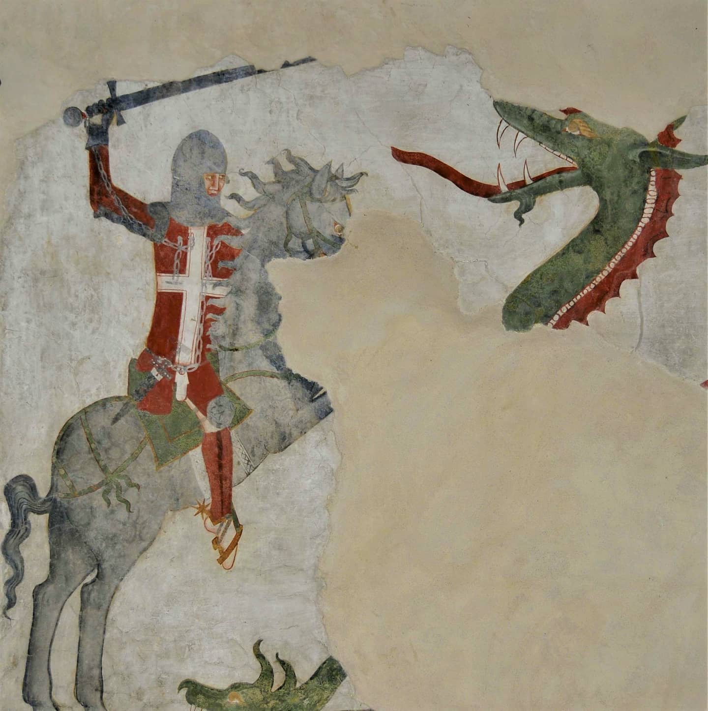 Maestro trentino, Il cavaliere e il drago (metà del XIV secolo; affresco; Avio, Castello di Avio) Maestro trentino, Il cavaliere e il drago (metà del XIV secolo; affresco; Avio, Castello di Avio)